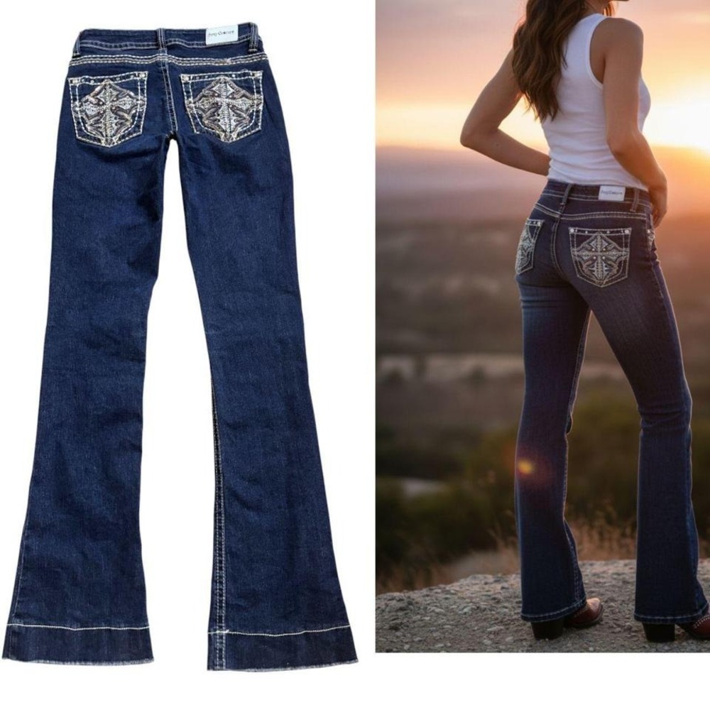 Y2K EMBROIDERED RHINESTONE STUDDED CROSS DARK WASH SEXY COUTURE FLARE JEANS SZ 5